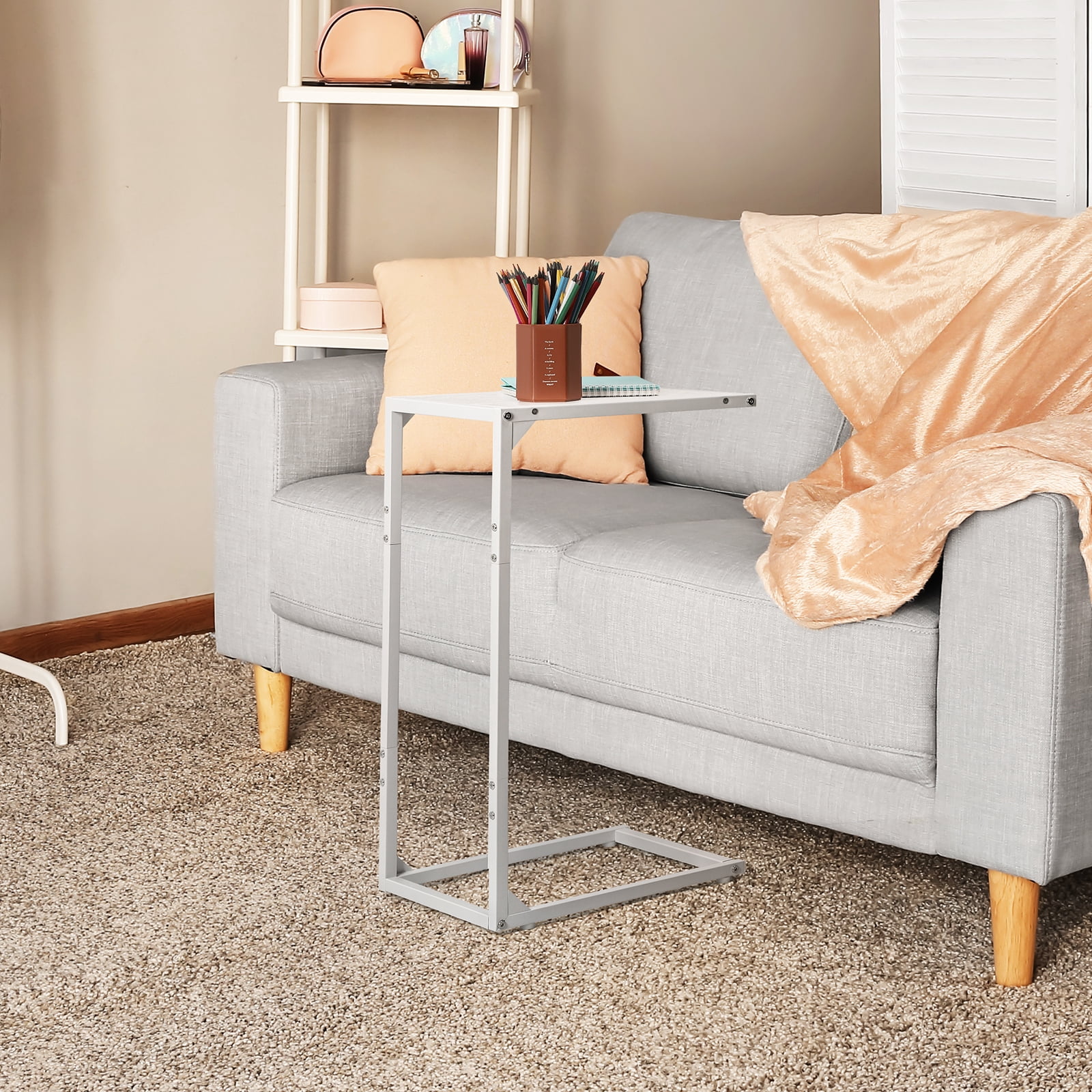 Set of 2 C‑Shaped Side Tables, White Metal Frame End Tables for Sofa and Bedside