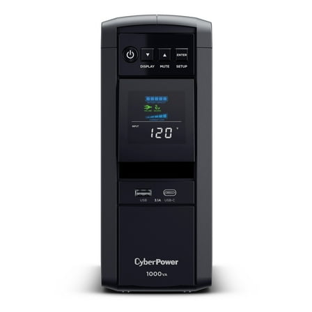 CyberPower CP1000PFCLCD UPS, 1000VA/600W, 120V, 10 Outlets, LCD Display, AVR, USB-A & USB-C, Black