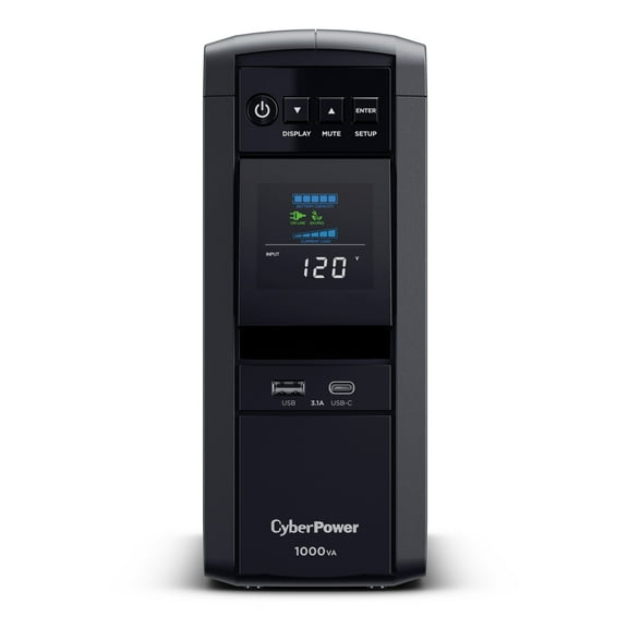 CyberPower CP1000PFCLCD UPS, 1000VA/600W, 120V, 10 Outlets, LCD Display, AVR, USB-A & USB-C, Black