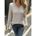 thumbnail image 4 of Women'S V-Neck Long Sleeve Striped Knit Button Shirt Autumn Casual Loose Elegant Tunic Top Apricot M, 4 of 10