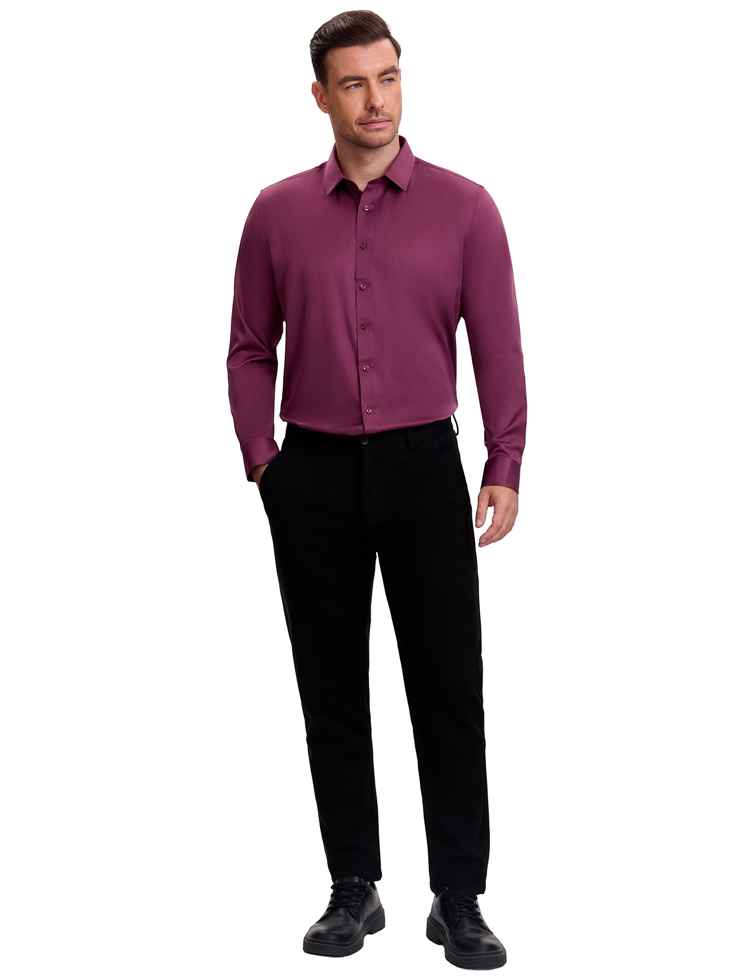 DARING DIVA Men's Point Collar Long Sleeve Button Down Formal Shirts M Burgundy