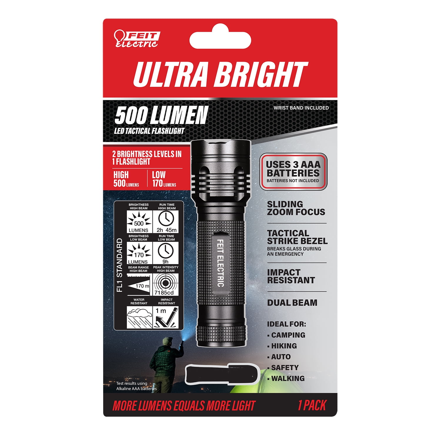 FEIT Electric Ultra Bright 500 lumens Black LED Flashlight C Battery