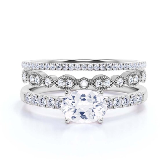 Bague de Fiançailles Unique Personnalisée Minimaliste Art Déco en Moissanite Diamant Taille Ovale 2,50 Carats, Alliance, en Or Blanc Massif 10k, Cadeau pour Femme, Bague de Promesse, Cadeau d'Anniversaire