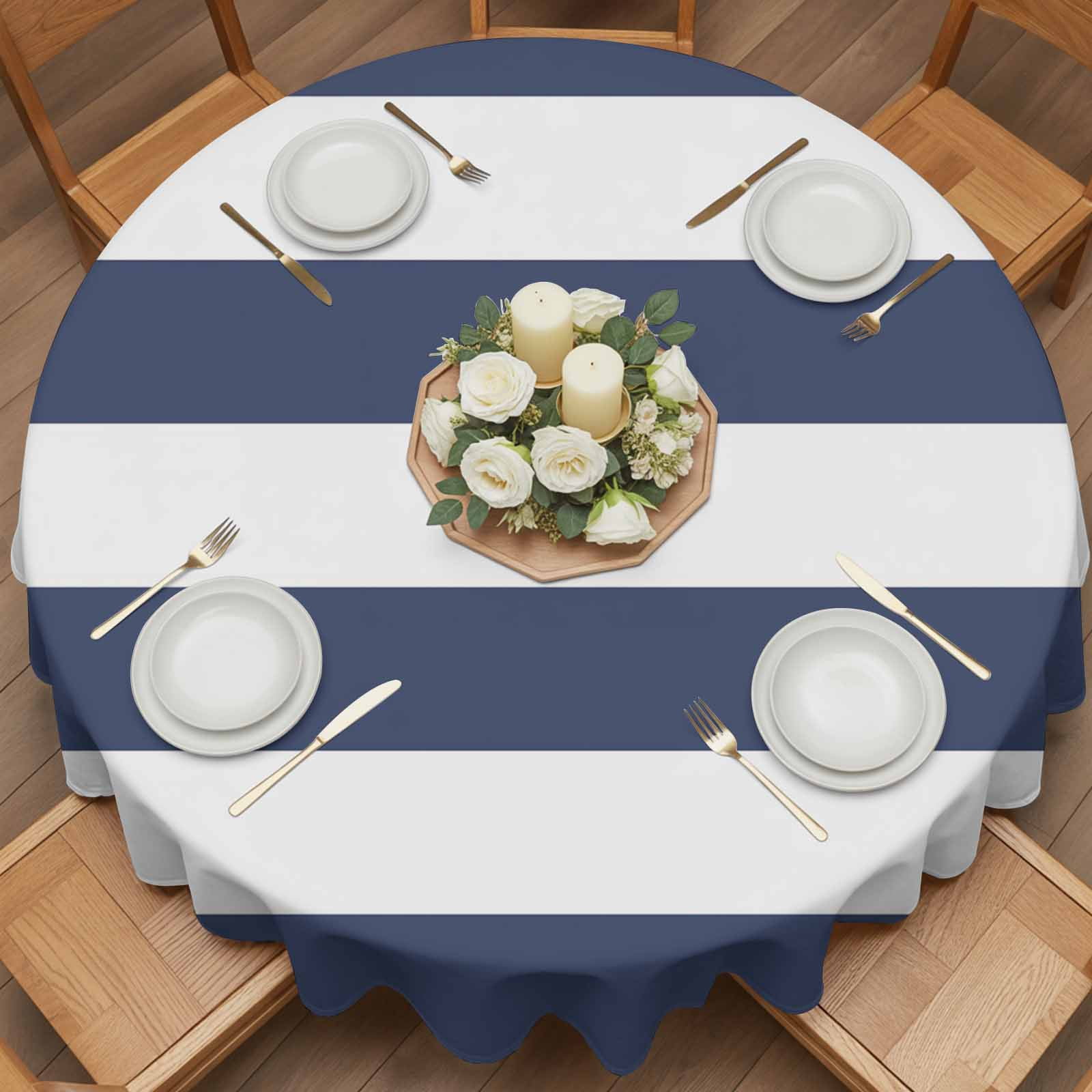 Round Tablecloth Coastal Nautical Striped Waterproof Oil Proof Polyester Table Cloth Cover Decor for Home Dining Outdoor,Patio,Parties, 60" Dia. Navy Blue White