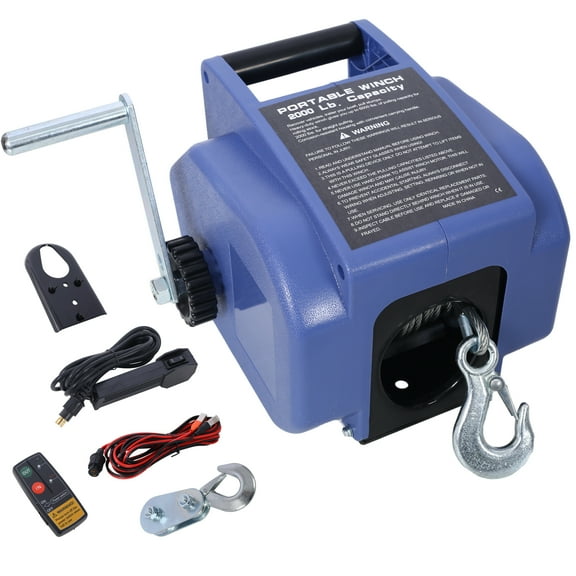 12v Trailer Winch,Reversible Electric Winch, for Boats up to 5000 lbs, Galvanized Wire Rope, with extra pulley hook, Rapid Mount, wirelss remote control,power in and power out.blue plastic casing,Po