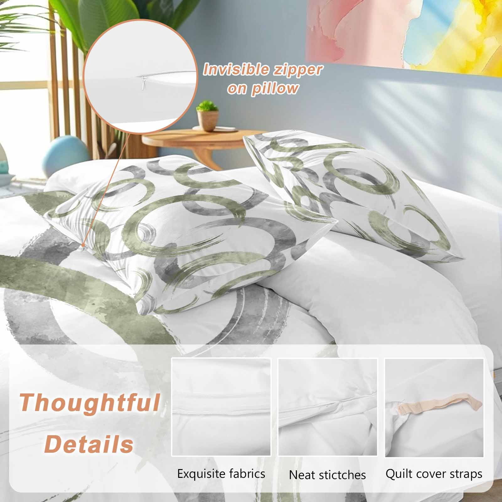 Sage Green Grey Bedding 3 Piece Duvet Cover Set Twin Size, Geometric Circle Modern Abstract Simple Art Soft Microfiber Comforter Cover with Zipper Closure & Pillowcases, FadeResistant Quilt Cover