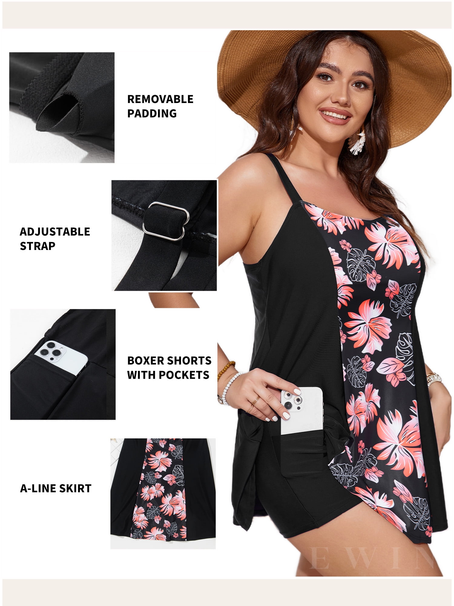 SHEWIN Plus Swimsuit for Woman One Piece Swimdress Tummy Control A-Line Swimdress Bathing Suit with Pockets Floral 1X