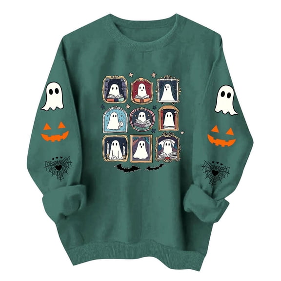 Risckoth Women's Halloween Sweatshirt Nine Ghost Grid Print Sleeve Detail Crew Neck Drop Shoulder Hoodless Casual Pullover S-2XL