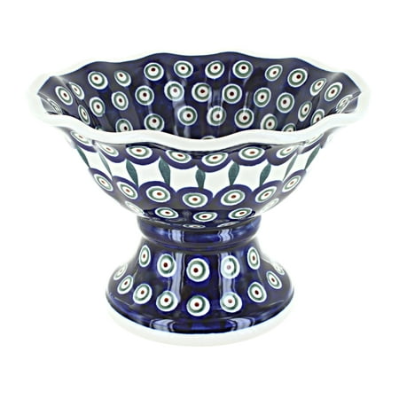 

Blue Rose Polish Pottery Peacock Small Pedestal Bowl