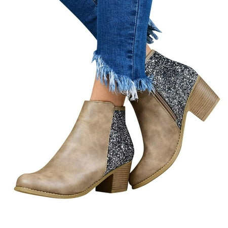 

Babysbule Womens Shoes Clearance Woman Winter Plus Size Leather Boots High Heeled Thick Heel Sequined Booties Ladies Short Boots