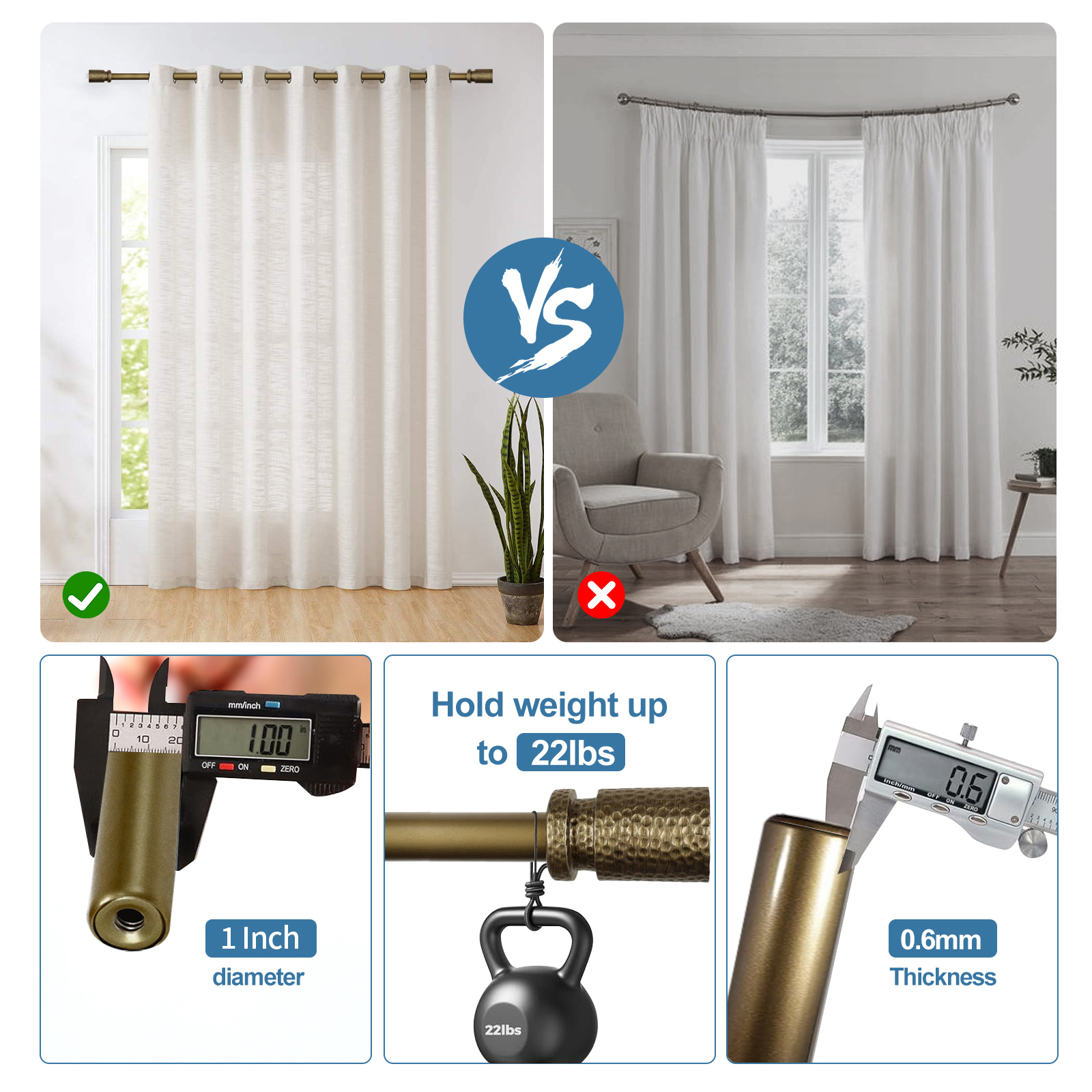 Urbanest 1" Hammered Adjustable Curtain Rod with Designer Finials — Heavy-Duty Metal Telescoping Rod, Easy Install, 84"–120″, Renaissance Gold