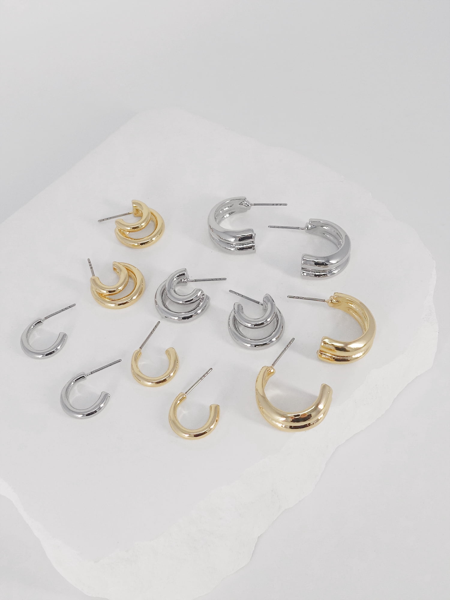 Time and Tru Women's Metal 6 Pair Hoop Earring in Gold and Rhodium Plated