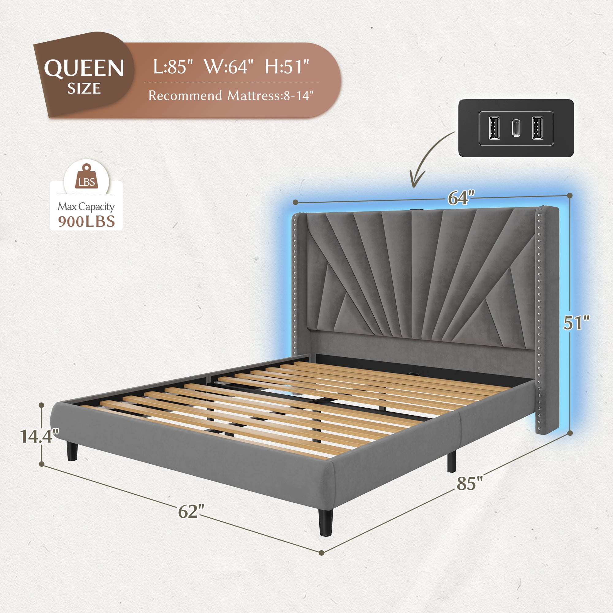 EnHomee Queen Bed Frame with 51"Tall Headboard Upholstered Bed Frame Queen Size with LED Lights & Charge Station, Gray, No Box Spring Needed, Noise Free