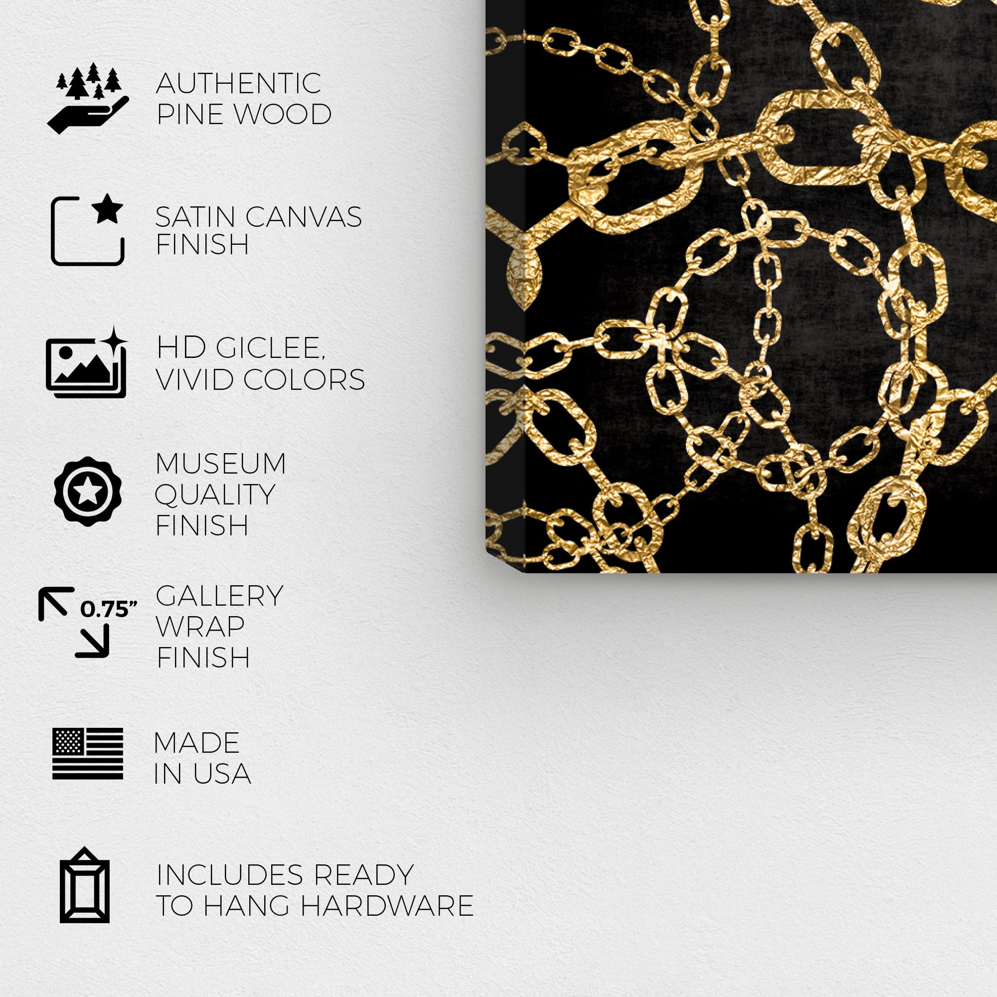 Wynwood Studio Fashion and Glam Modern Canvas Art - Gold Chains In Black Background, Wall Art for Living Room, Bedroom, and Bathroom, 12 in x 12, Gold and Black Home Decor