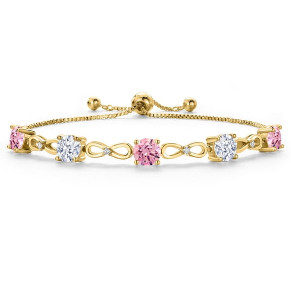 Gem Stone King 18K Yellow Gold Plated Pink Zirconia and White Zirconia and White Moissanite Tennis Bracelet for Women | 7.56 Cttw | Gemstone Birthstone | Round 6MM | Fully Adjustable up to 9 inch