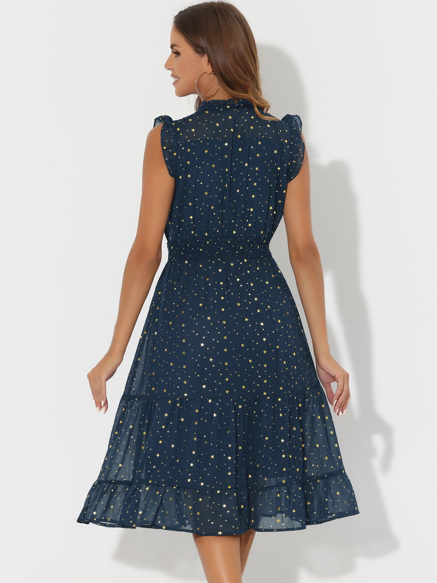 DARING DIVA Smocked Waist Gilding Metallic Stars Chiffon Dress XS Dark Blue