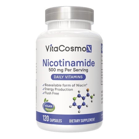 VitaCosmoX Nicotinamide 500 mg 120 Caps – Flush-Free Niacinamide AKA Vitamin B3 Niacin for Skin Health & Cellular Support