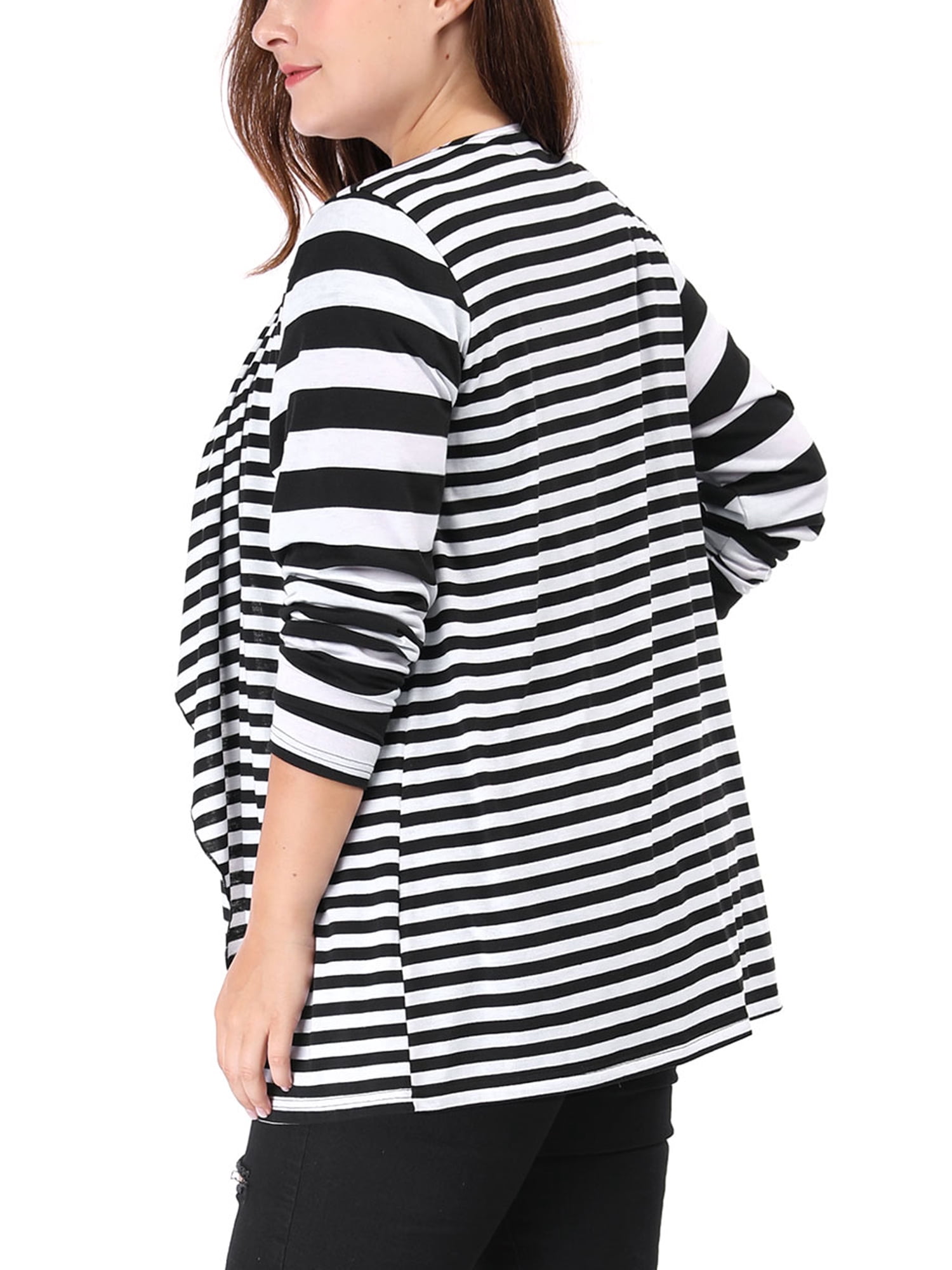 Unique Bargains Women's Plus Size Open Front Striped Mixed Cardigan 3X Black