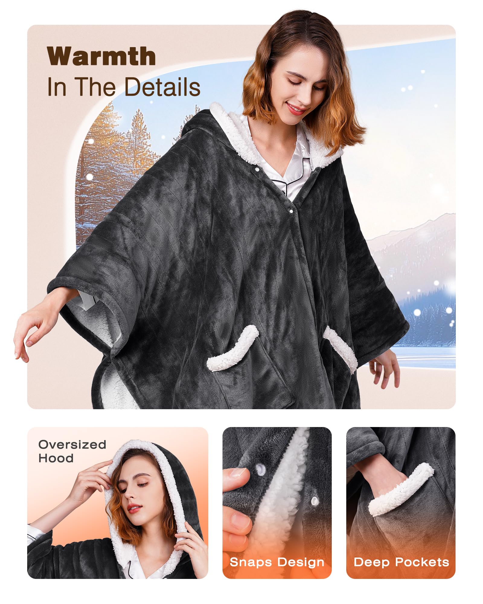 Ocuuziisu Electric Throw Blanket with Pockets and Hood, 50" x 70" Flannel and Sherpa Electric Wrap, 6 Heating Levels, 4-Hour Auto Shut Off, Machine Washable, Grey