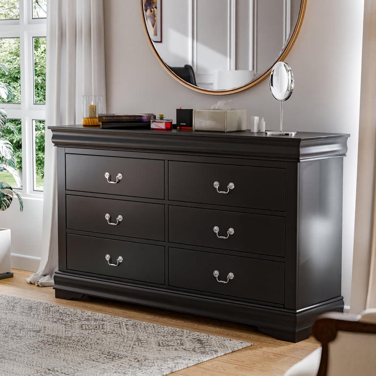 black dresser solid wood Pensy Solid Wood Mid-Century Modern 6 Drawer Dresser Black