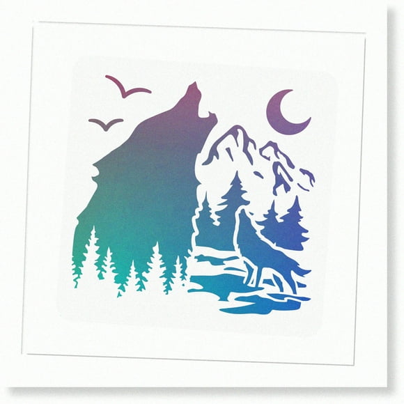 Eco-Friendly Forest Wolf Template: 11.8x11.8 inch Plastic, Nature-Inspired Forest Mountain Moon Pattern, Reusable Wildlife Animal Stencils for DIY Wolf Art and Wood Wall Home Decor