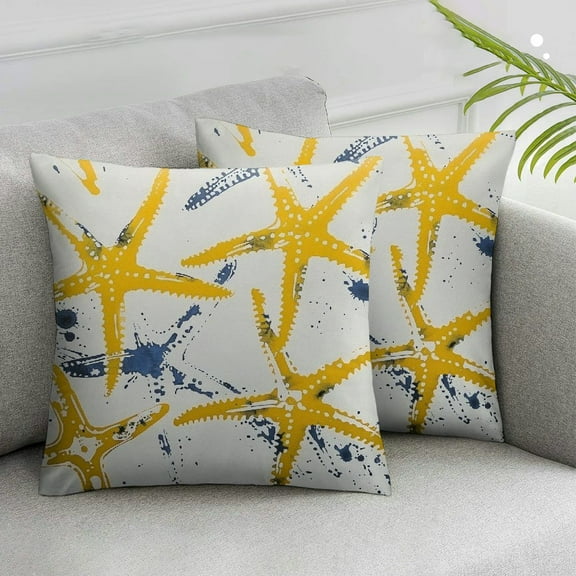 JRXY Beach Starfish Pattern Decorative Square Throw Pillow Covers Yellow Throw Pillow Case Indoor Outdoor Cushion Cover Pillowcase for Sofa Home Bedroom Set of 2 White