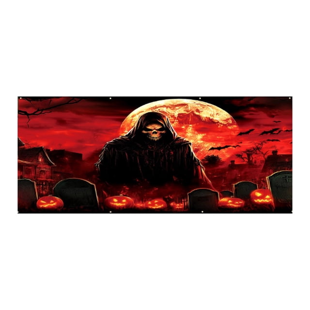 Póster con logotipo de tela con temática de Halloween, fondo para colgar con calabazas, murciélagos y luna para decorar fiestas de Halloween.