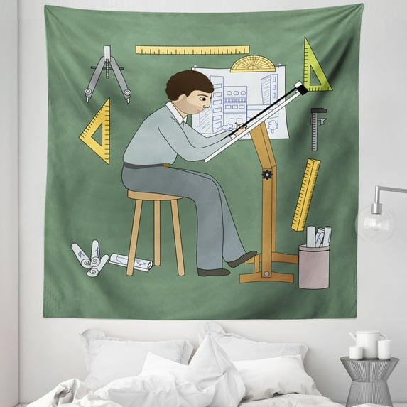 Engineering Theme Tapestry, Cartoon Drawn Architect Man and His Professional Tools Plans Projects, Fabric Wall Hanging Decor for Bedroom Living Room Dorm, 5 Sizes, Multicolor, by Ambesonne