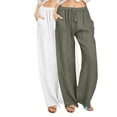 thumbnail image 2 of Wancir 2PC Womens Linen Wide Leg Pants Casual Loose Drawstring Low Waist Beach Palazzo Harem Pants with Pockets, 2 of 9