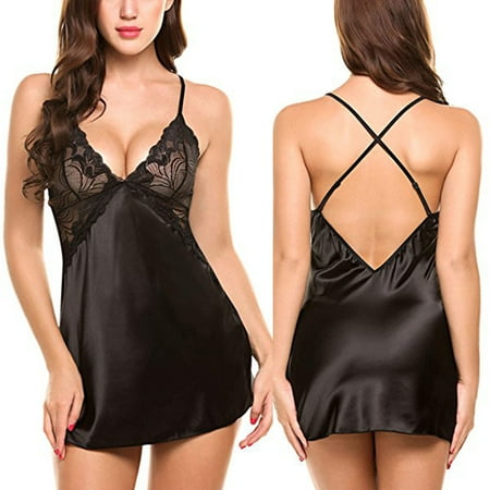 JUPAOPON Underwear for Womens Lingerie for Women Women Lingerie V Neck Nightwear Satin Sleep Sexy Lace Chemise Mini Dress BK/L