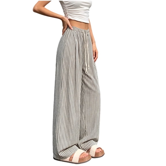 PBFRDSJ Y2K Striped Wide Leg Pants for Women Baggy Elastic Waist Drawstring Palazzo Pants Casual Vacation Flowy Clothes Free Sizes