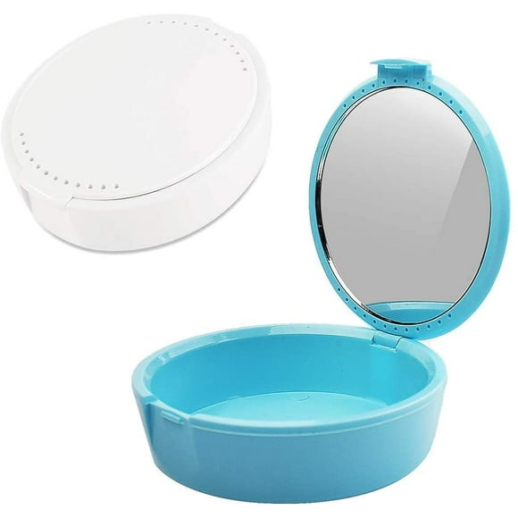 Partial Denture Storage Box With Mirror (Light Blue + White)