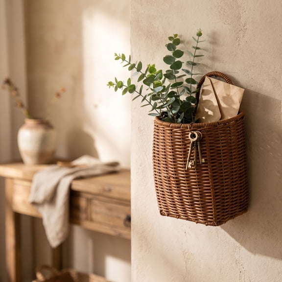 Kiddiway Storage Bins for Living Room Blanket Storage - Wall Mounted Rattan Look Woven Basket, Decorative Flower Basket Hanging Organizer, Rustic Home Decor,A