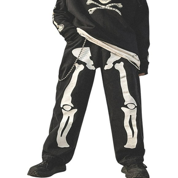 Womens Men Halloween Y2K Baggy Jeans High Waist Wide Leg Demin Pants Skeleton Print Jeans Loose Black Jean Pants Streetwear