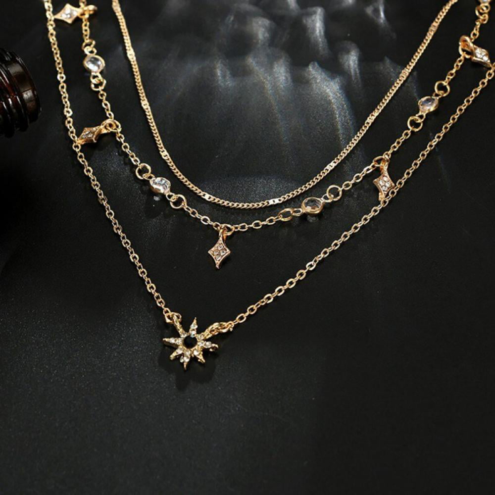 Fashion Women Multilayer Gold Choker Star Crystal Chain Pendant Necklace Jewelry