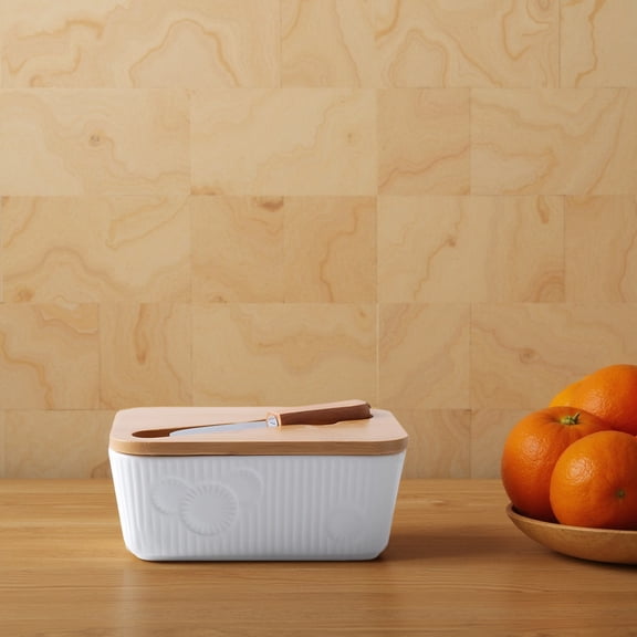 Elegant Butter Dish with Knife and Wood Lid, White Ceramic Butter Holder, Cheese Bowl with Embossed Texture, Compact Design with Cutlery Slot, Ideal for Organized Kitchen Storage