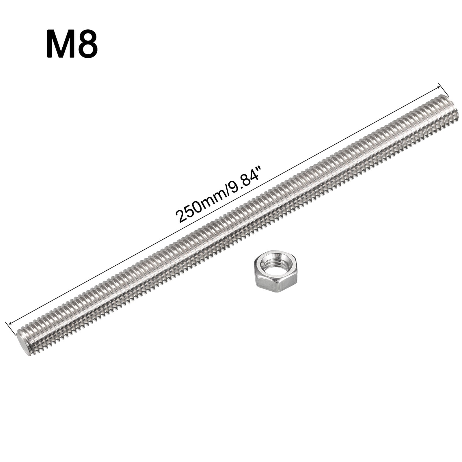Uxcell 12Pack M8 x 250mm Fully Threaded Rod w 12Pack Hex Nuts, 1.25mm Pitch 304 Stainless Steel Right Hand Threaded Rod