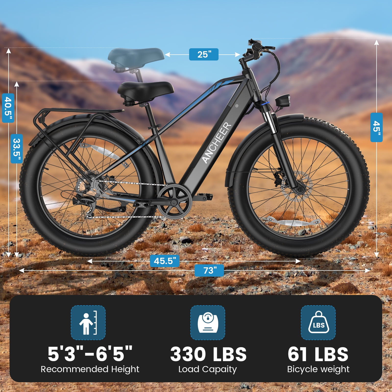 ANCHEER Electric Bike for Adults Peak 1000W Electric Bicycle 48V 15AH Battery Electric Bike 26" x 4.0" Fat Tire Mountain 28MPH 7 Speed Gears Electric Bike, Rear Rack,UL2849