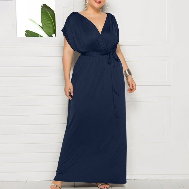 Kmdttou Women's Summer Plus-size Solid Color V-neck Loose Dress Short  Sleeve Round Neck Ankle-length Dress,Chic Day Dresses for Ladies Summer  Wear - Walmart.com