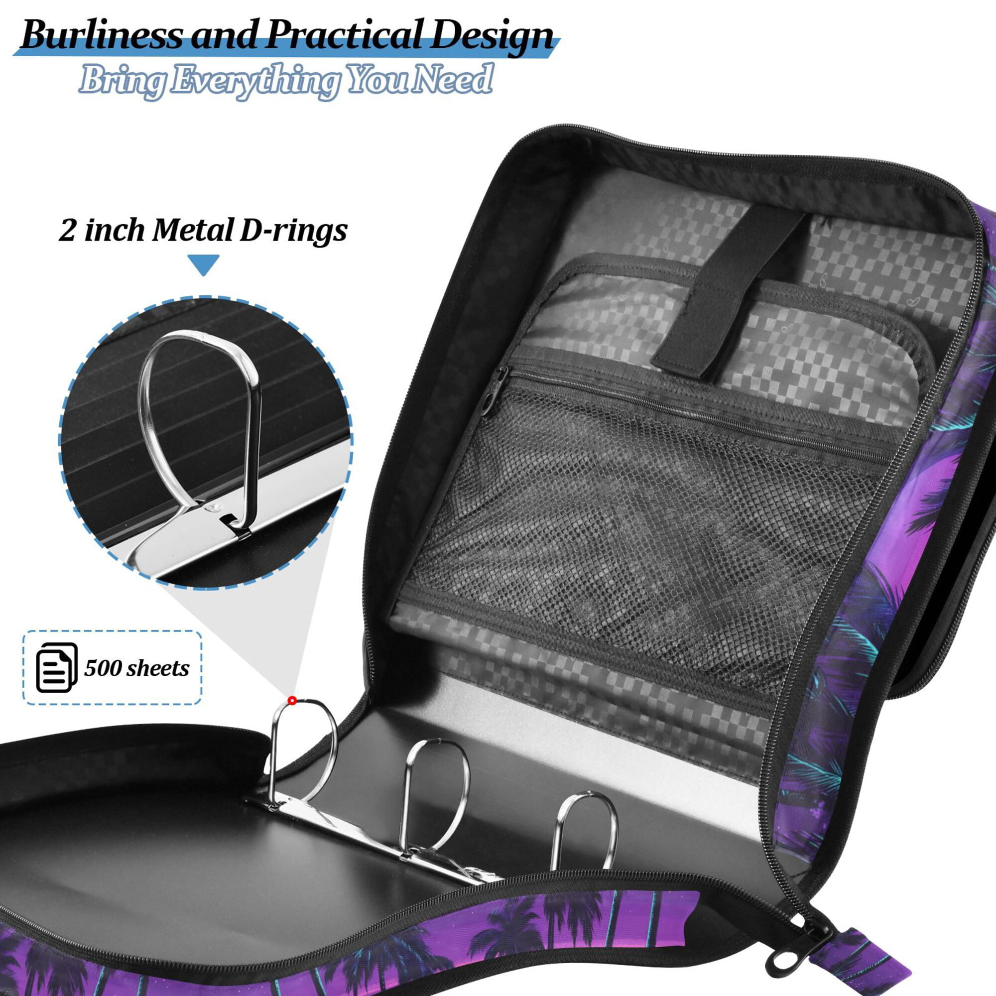 FORMRS Zipper Binder with Shoulder Strap 2-inch Ring 500 Sheet Capacity File Bag, Green Digital Art