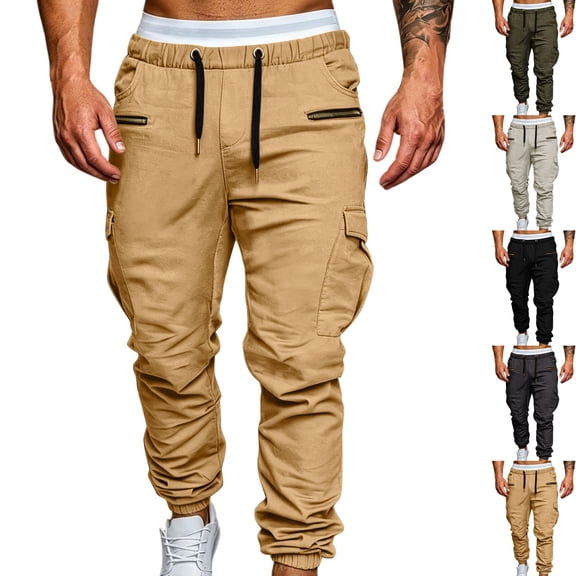 Men's Hip Hop Urban Style Streetwear Cargo Pants Slim Fit Stacked Joggers Zipper Multi Pocket Techwear Tapered Jogger Pants for Fall, Khaki, XL