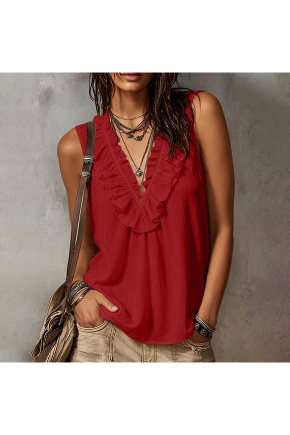 Women's Summer Solid Color Top Women's Summer Solid Color Ruffled Wave Neck Sleeveless Top Red S