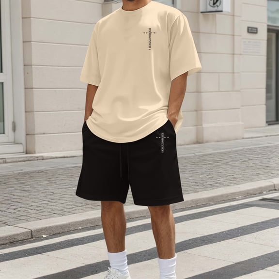 Letdown Mens Short Sleeve T Shirt and Shorts Set Casual Two Piece Outfit Lightweight Breathable Summer Lounge Athletic Wear (Beige,L)