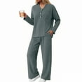 thumbnail image 2 of felwors Women 2 Piece Pajamas Sets Long Sleeve Casual Ribbed Lounge Set Fall Pj V Neck Loungewear Outfit Green, XXL, 2 of 8