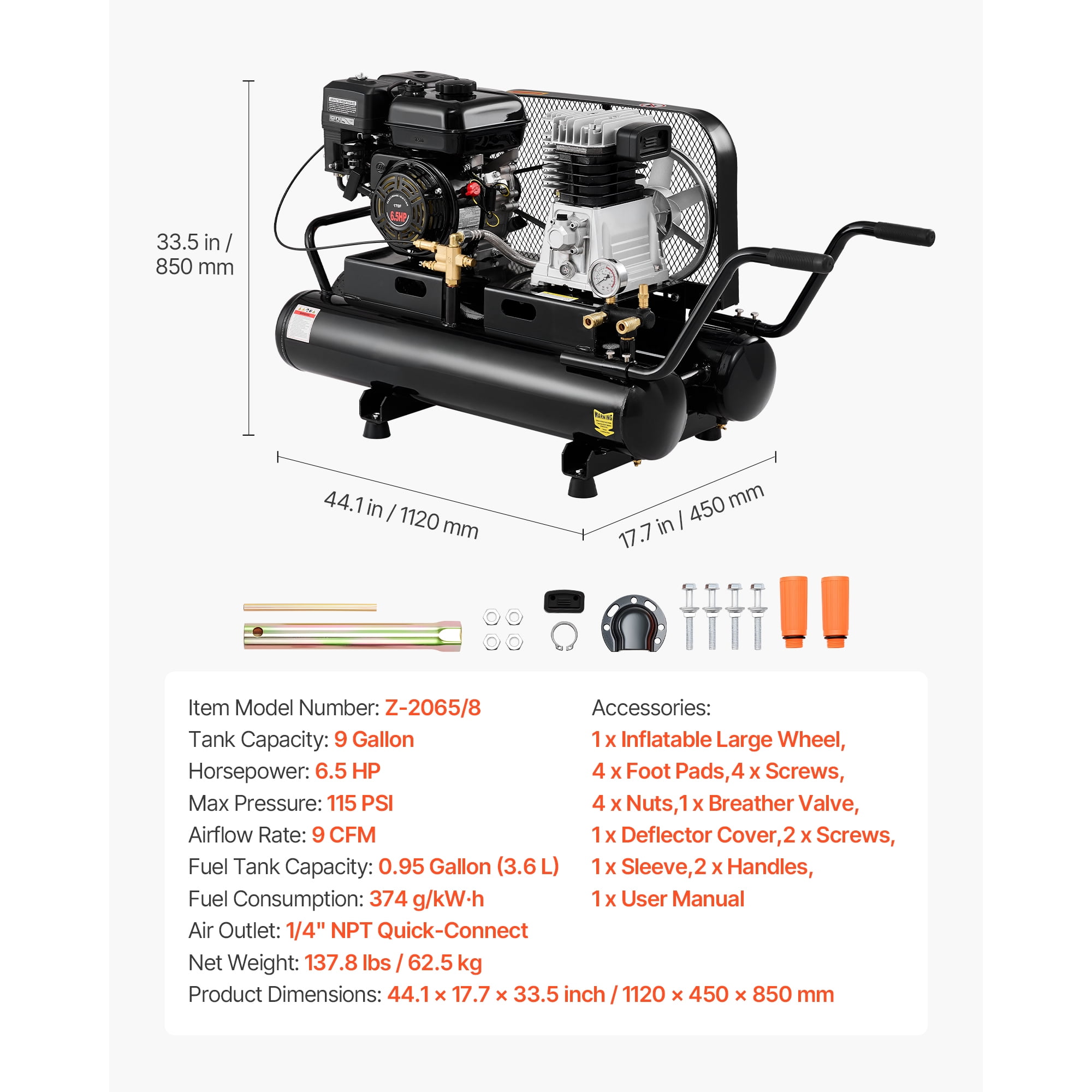 KFFKFF 9 Gallon Dual-Tank Gas Air Compressor, 6.5HP 9CFM Gas-Powered Unit with Wheels, 115PSI Piston Pump System for Tire Inflation, Automotive Repairs, and Spray Painting