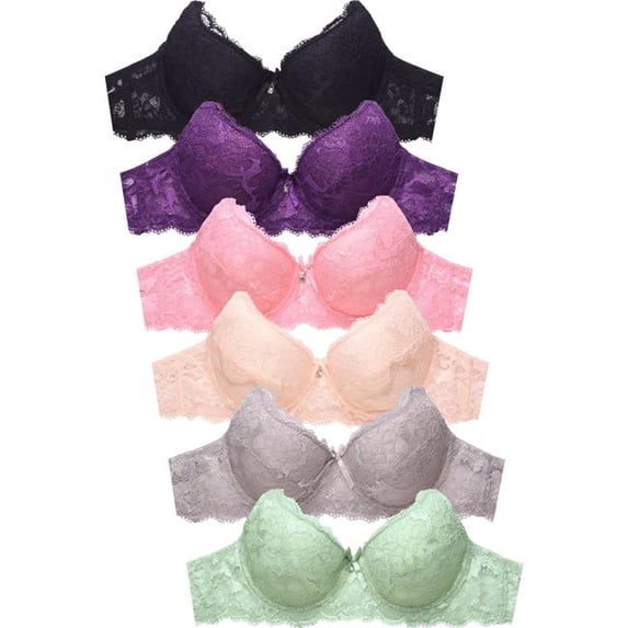 247 Frenzy 24F-BR4398L-34B Women Essentials Mopas Full Coverage Allover Lace Bras, Assorted Color - Size 34B - Pack of 6
