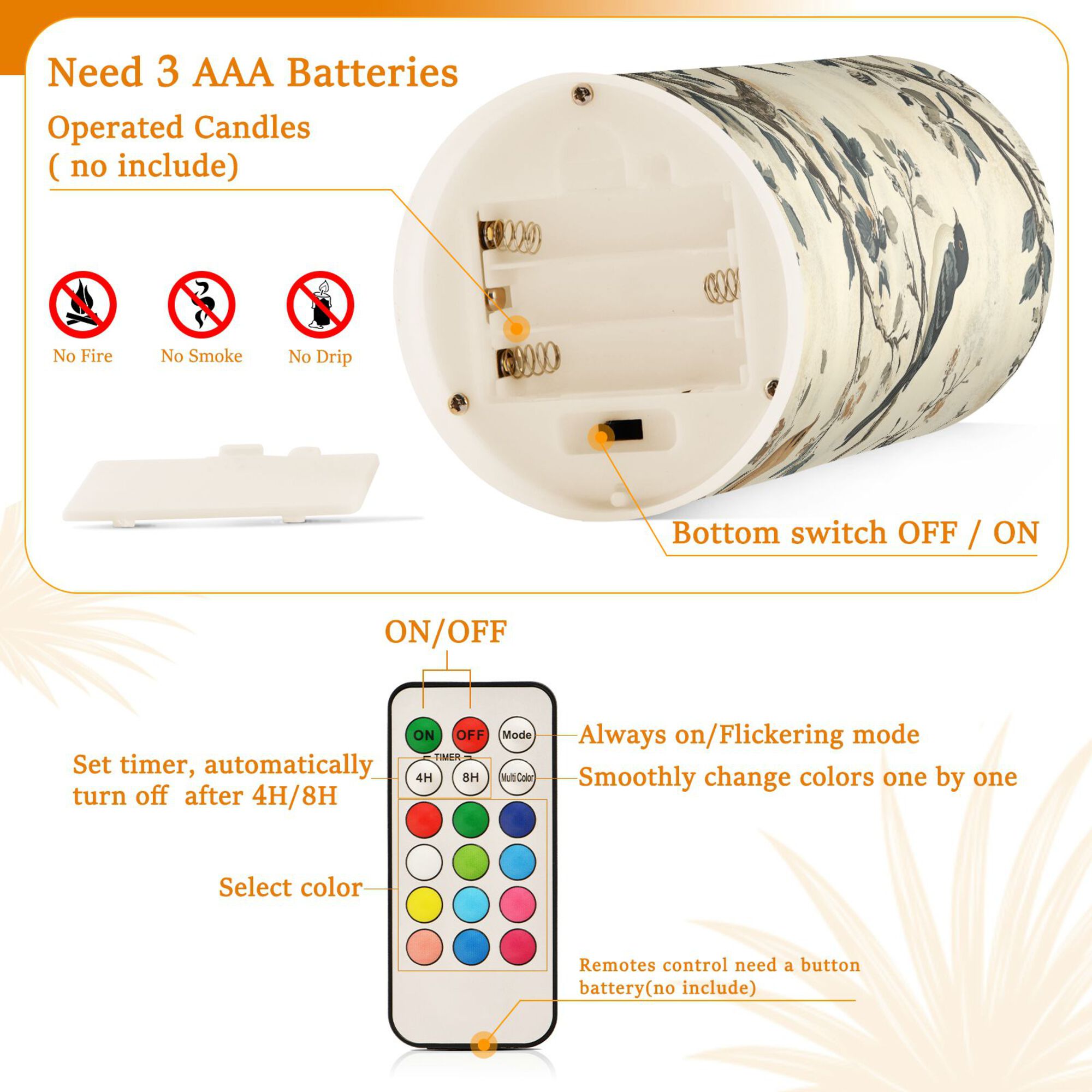 Yayeee Flameless Candles with Remote Flickering Battery Operated Multi Color Changing, Beige Birds