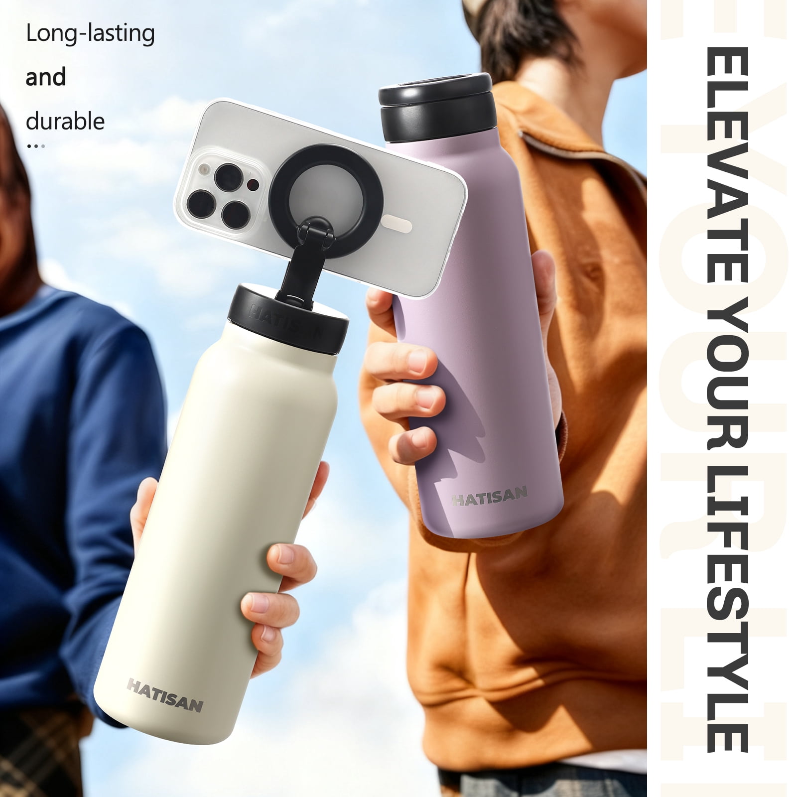 Hatisan 24 oz Insulated Water Bottle, Magnetic Stainless Steel Water Bottle, with Mobile Phone Holder Tripod, Hot for 12H, Cold for 24H(Beige)