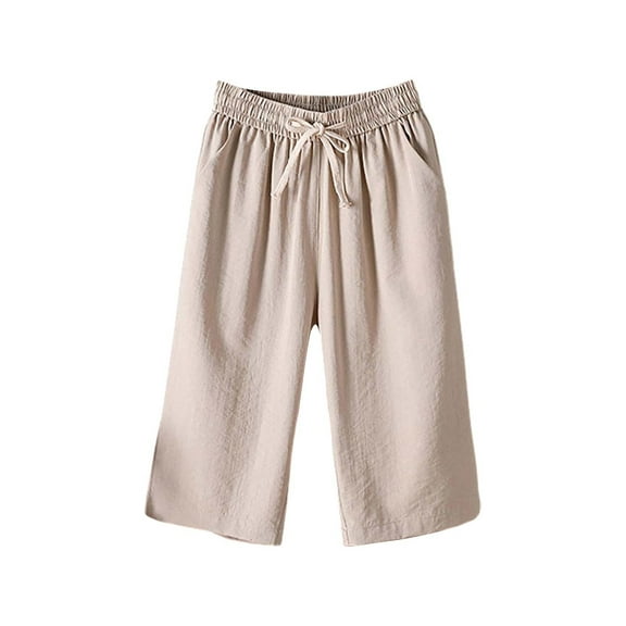 Uqiangy Waist Flowy Pants Womens Cropped Linen Pants Linen Capris For Women Women's Linen Wide Leg Capri Pants Flowy Capris For Women Cropped Linen Pants Women Linen Pants Women Plus Size Beige L