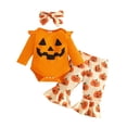 thumbnail image 3 of Baby Girls Long Sleeve Pumpkin Bodysuit Flared Pants and Headband 3 Pcs Set Pumpkin Halloween Party Clothes Kids Halloween Size 3-6 Months, 3 of 9